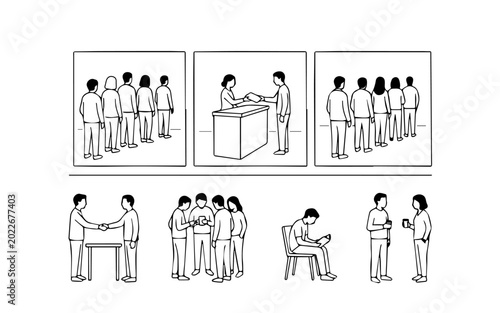 Vector illustrations of people interacting and standing in various social situations together