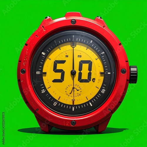 Red stopwatch on green background