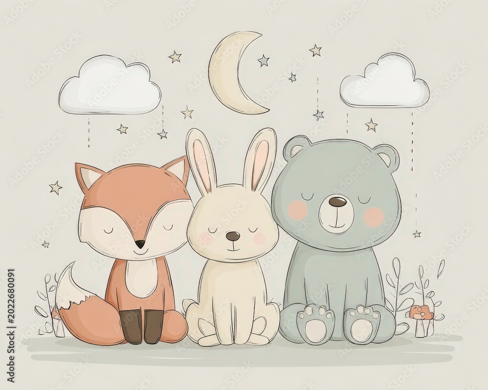 Naklejka premium Cute Woodland Creatures Fox Bear Rabbit Sleeping Under Moon and Stars with Clouds