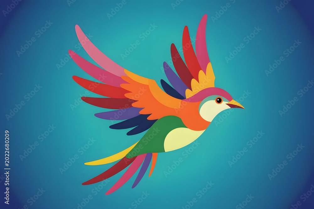 Fototapeta premium Colorful stylized bird flying with rainbow wings