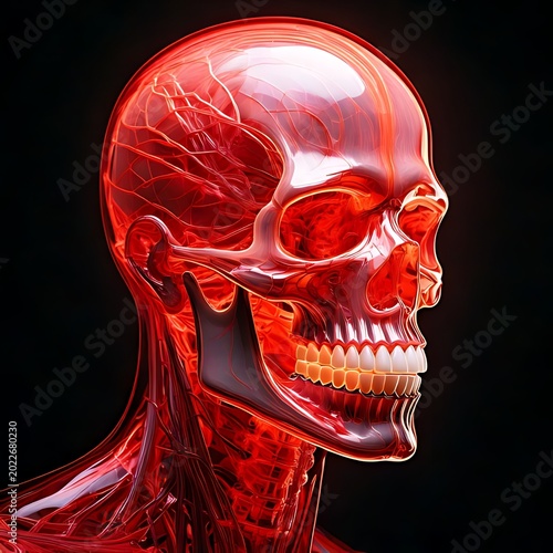 Red transparent skull with glowing veins and arteries