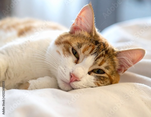 Relaxed cat on soft blanket