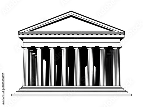 Black and white illustration of a classic building with columns and triangular roof isolated on transparent background