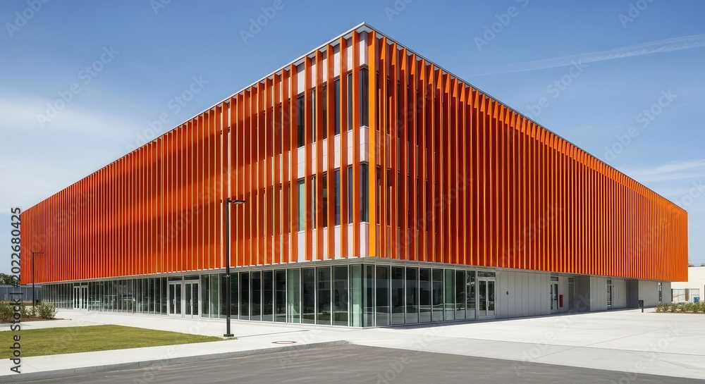Fototapeta premium A modern architectural structure features bold orange stripes on its facade against a clear blue sky during a bright and sunny afternoon, shadows, detail, aesthetic