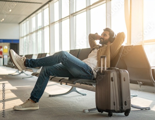Relaxed man waits at airport terminal