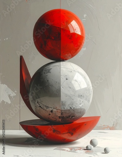 Red & white spheres balanced art
