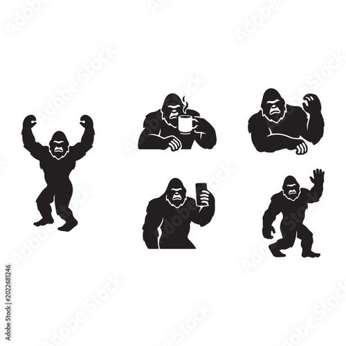 Foto Cartoon gorilla icons showing various humanlike activities and gestures with tra