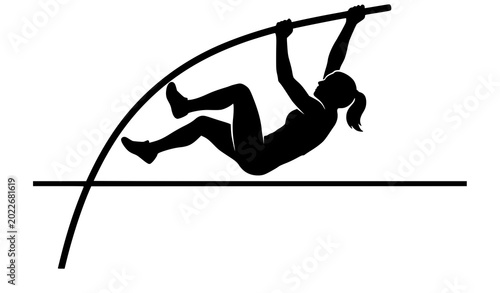 Tableau sur toile Female pole vault athlete solid black silhouette vector icon with track and fiel