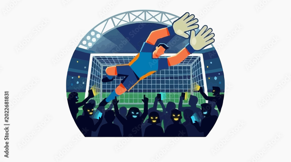 Obraz premium Illustration of a giant goalkeeper defending a goal in a stadium, illuminated crowd, epic digital art, isolated on a white background.