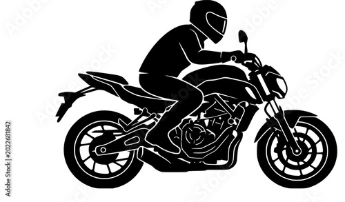 Bild auf Leinwand Motorcycle rider solid black silhouette vector icon with naked sport bike and he