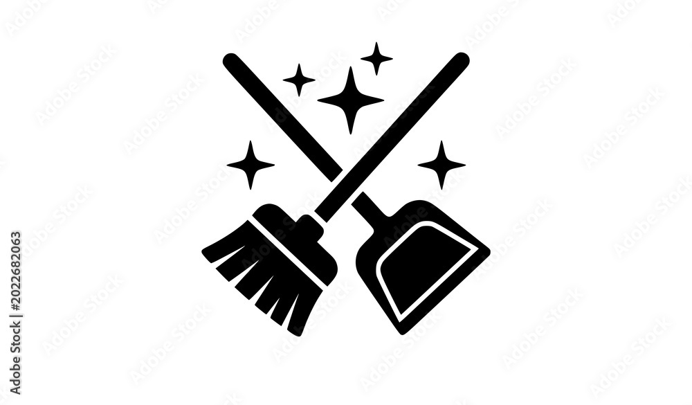 Fototapeta premium Crossed broom and dustpan silhouette vector icon with shiny sparkle stars for professional cleaning service emblem logo