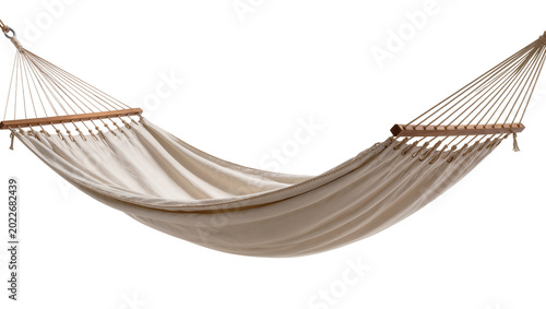 Quadro su tela Beige fabric hammock with wooden spreader bars, isolated on transparent backgrou