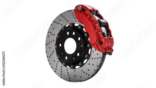 Foto Red performance brake caliper gripping a perforated rotor, isolated on transpare