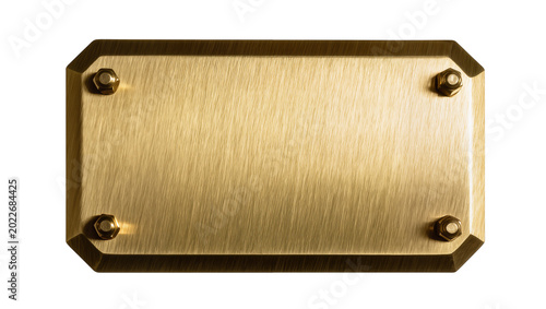 Rectangular brushed brass plaque with beveled edges and four brass bolts, isolated on transparent background