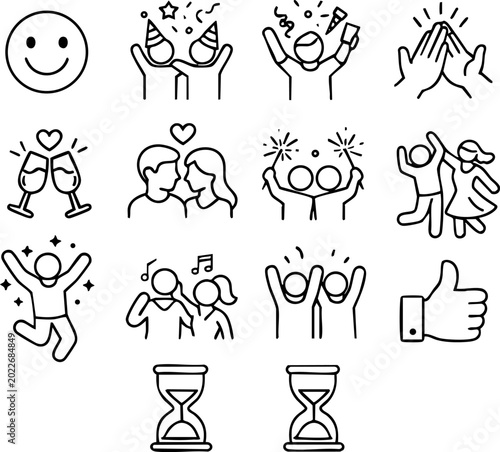 Celebration icons: smiley face toasting glasses applause dancing more with party hat good times thumbs
