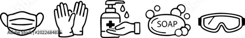 Personal hygiene icons for protection against viruses and germs with medical supplies, safety equipment