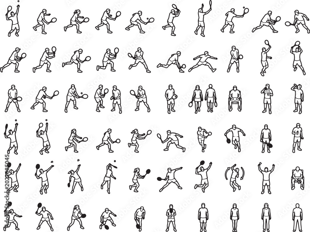 Obraz premium A tennis player showcases a dynamic action sequence in black and white silhouette, perfect for sports-themed illustrations.