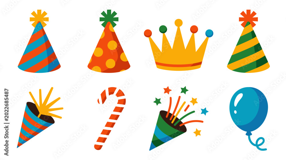 Obraz premium festive party elements collection with hats crown balloon and candy cane on a white background
