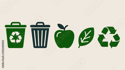 Foto Recycling and waste management icons including trash can apple leaf and recycle