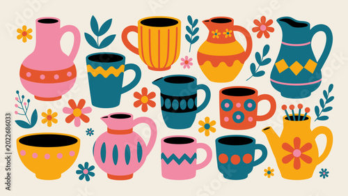 Slika na platnu collection of colorful stylized ceramic jugs mugs and pitchers with floral accen