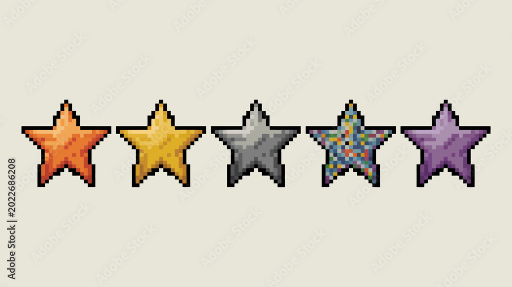 Fototapeta premium pixel art star shapes in orange yellow gray multicolored and purple isolated on white