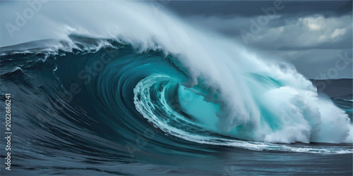 Tableau sur toile Massive blue ocean wave crashing with dramatic stormy sky aqua marine wave crest