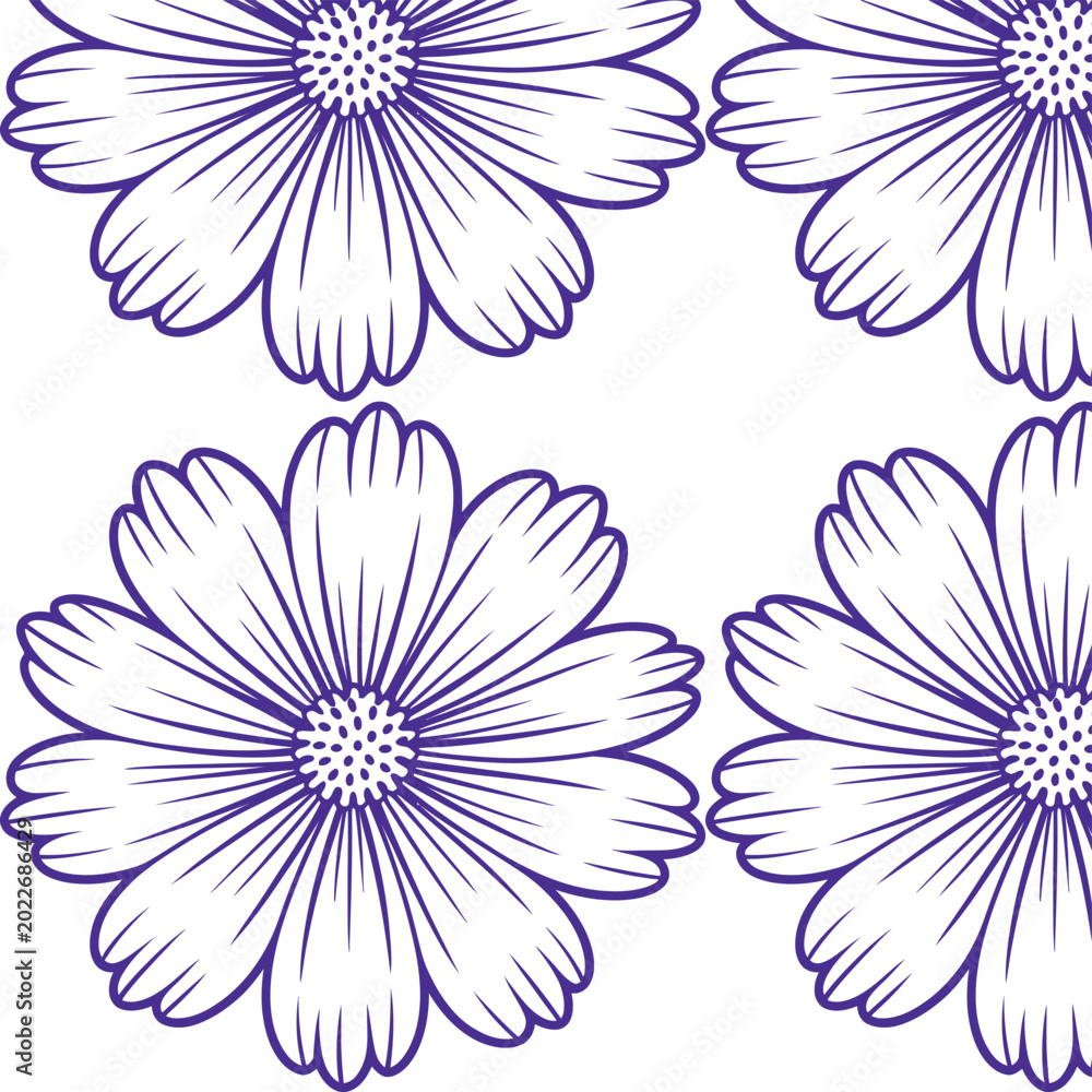 Obraz premium Seamless pattern of purple outlined daisy like flowers with the flowers have