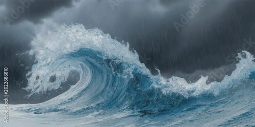 Tableau sur toile Large crashing ocean wave under a dark stormy sky with aqua marine wave crest wa