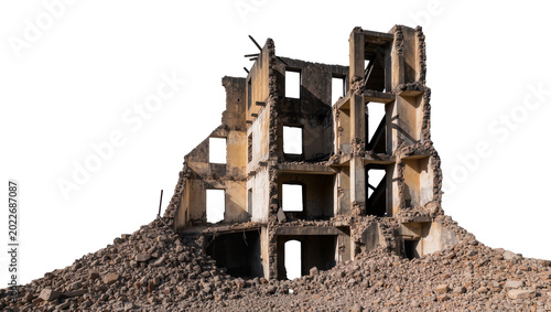 Tableau sur toile Crumbling concrete building ruins with debris pile, isolated on transparent back