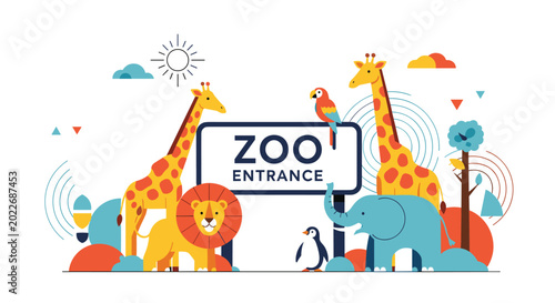 Brightly colored zoo entrance featuring various animal illustrations like a lion, giraffe, elephant, penguin, and a parrot.
