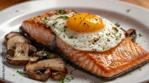 Fried salmon steak with eggs and mushrooms. Salmon - healthy meal with lots of vitamin D