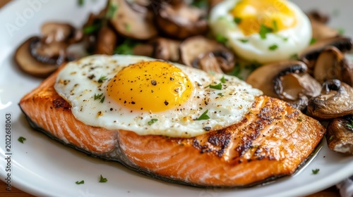 Fried salmon steak with eggs and mushrooms. Salmon - healthy meal with lots of vitamin D