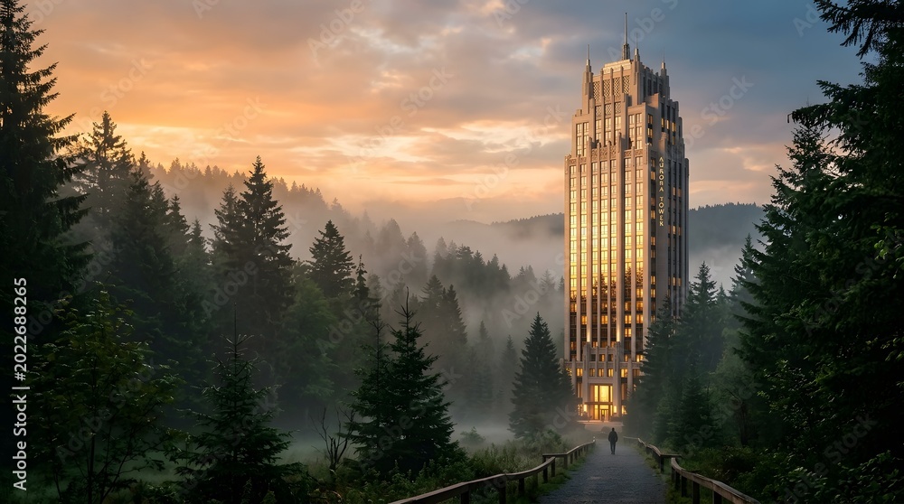 Fototapeta premium Modern Skyscraper in Misty Forest at Sunrise Golden Hour