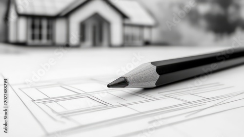 Pencil drawing line on paper with house outline in the background.