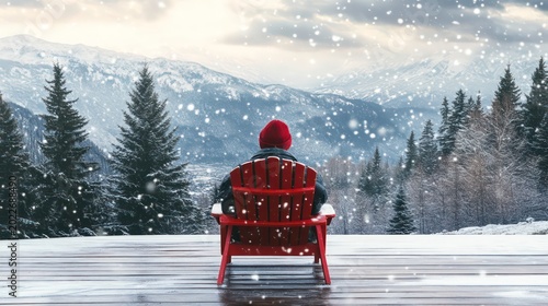 Person sitting on red Adirondack chair with winter hat, enjoying serene snowy mountain landscape from a wooden deck during snowfall.