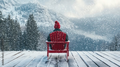 Person sitting on red Adirondack chair with winter hat, enjoying serene snowy mountain landscape from a wooden deck during snowfall.