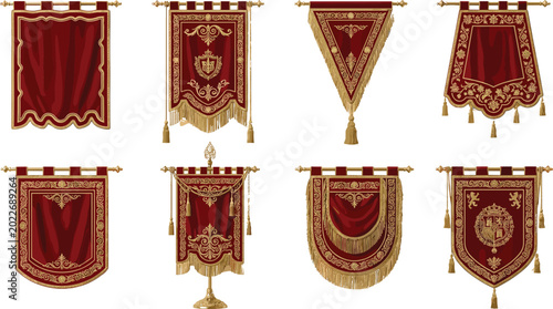 Medieval heraldic banners and royal tapestry collection featuring ornate gold embroidery on deep red velvet fabric with classic tassels and antique hanging rods for decor.