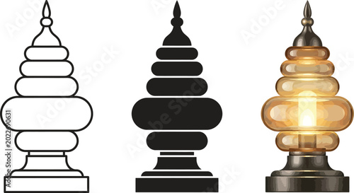 Three traditional tiered lamp designs presented as outline solid silhouette and realistic glowing illustrations for decorative and spiritual
