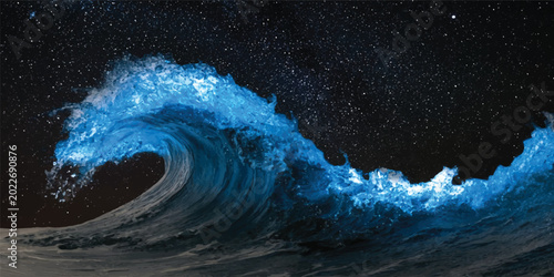Schilderij op canvas Bioluminescent wave crashing at night under stars with bioluminescence crashing