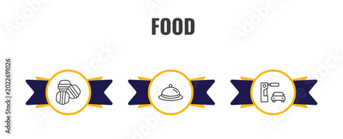 food outline icon set. thin line arons, covered food tray, drive through icons. editable vector