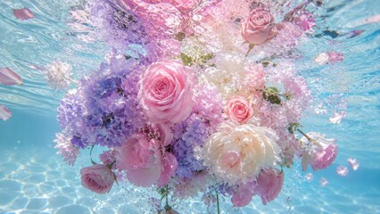 Underwater Bouquet Of Pink Roses And Purple Hydrangea Flowers Floating