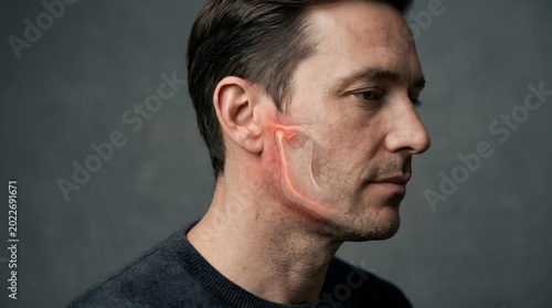Side Profile Of Man With Temporomandibular Joint Pain And Jaw Anatomy Overlay
