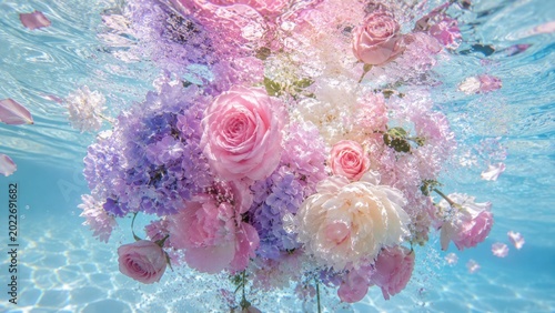 Underwater Bouquet Of Pink Roses And Purple Hydrangea Flowers Floating