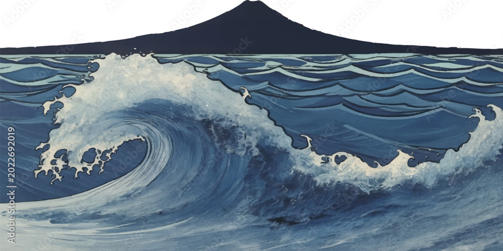 Ταπετσαρία Great wave off kanagawa style ocean wave with mount fuji silhouette japanese art