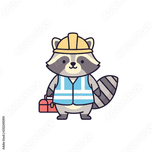 Cute Cartoon Raccoon Construction Worker with Hard Hat and Toolbox.