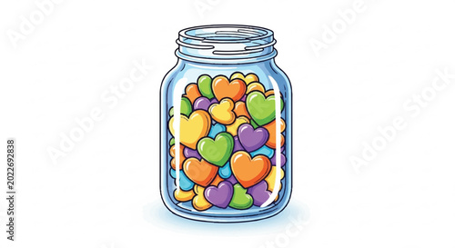 Jar full of colorful heart shaped candies.