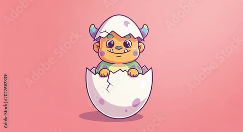 Cute Baby Monster Hatching from Egg Illustration.