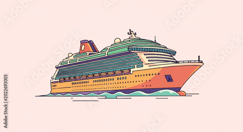 Illustration of a large cruise ship sailing on the ocean.