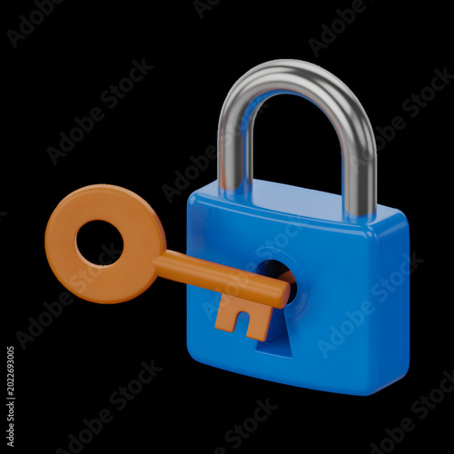 Orange key unlocking a blue padlock with dark background isolated on transparent background