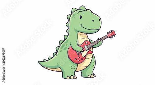 Cute cartoon dinosaur playing electric guitar.